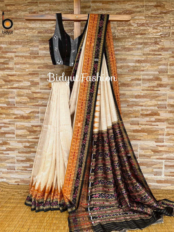Odisha handloom Sachipar Nuapatna Ikat Silk Saree in ivory color - Bidyut Fashion