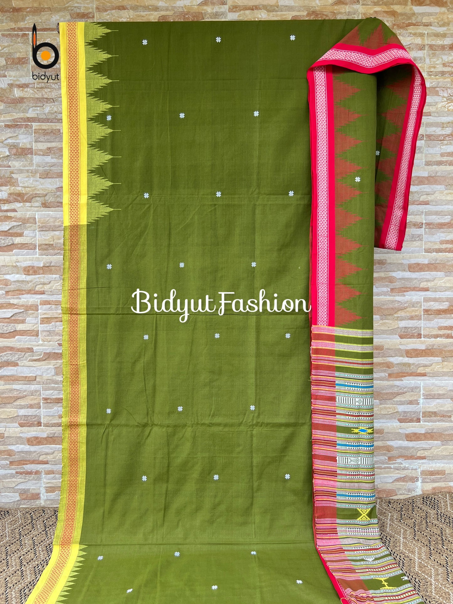 Handlooms of Odisha Ganjam Bomkai Cotton Saree Olive green color