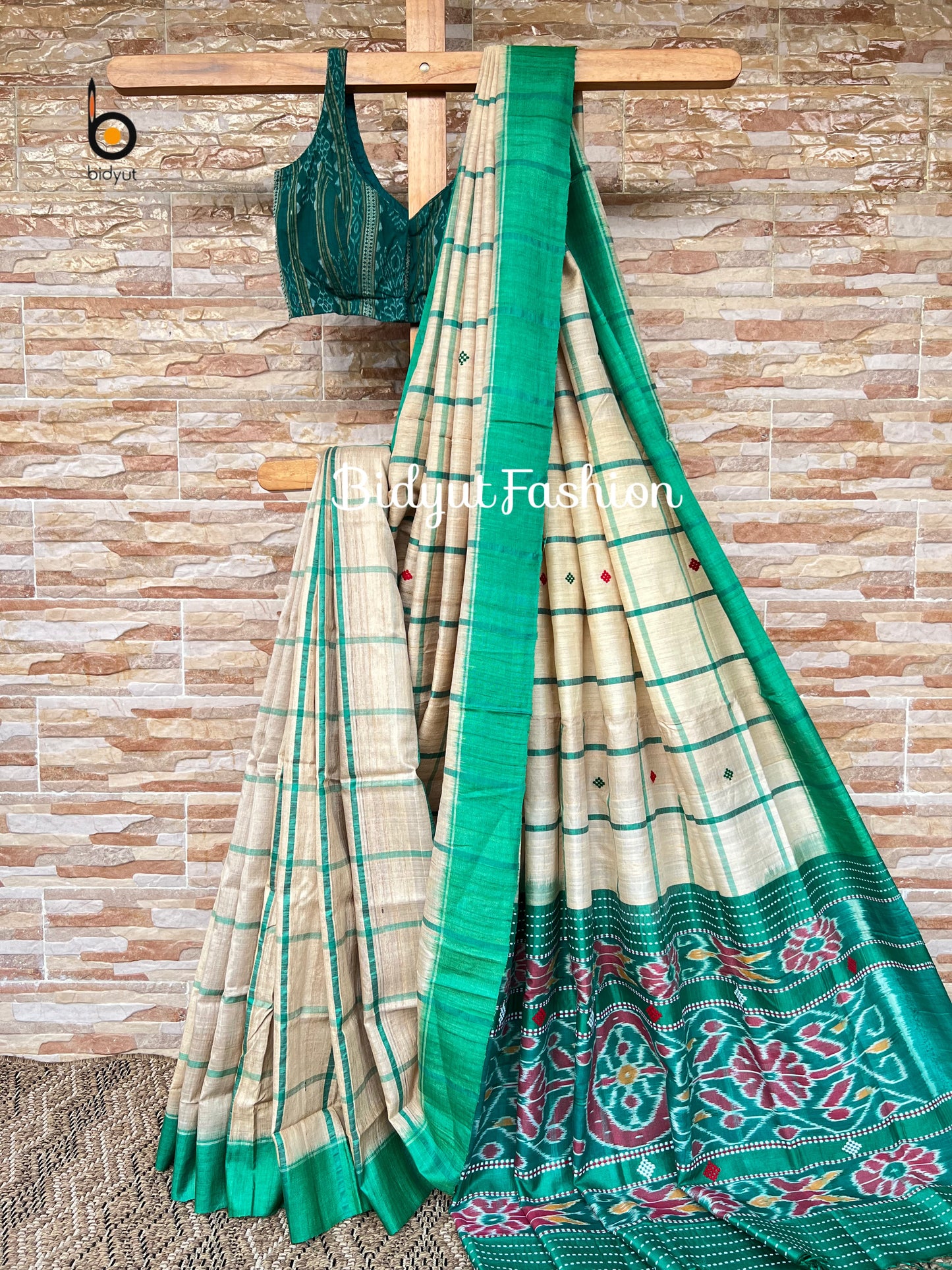 Handlooms of Odisha Santhal Tribal Tussar Silk Sarees Beige Green Color