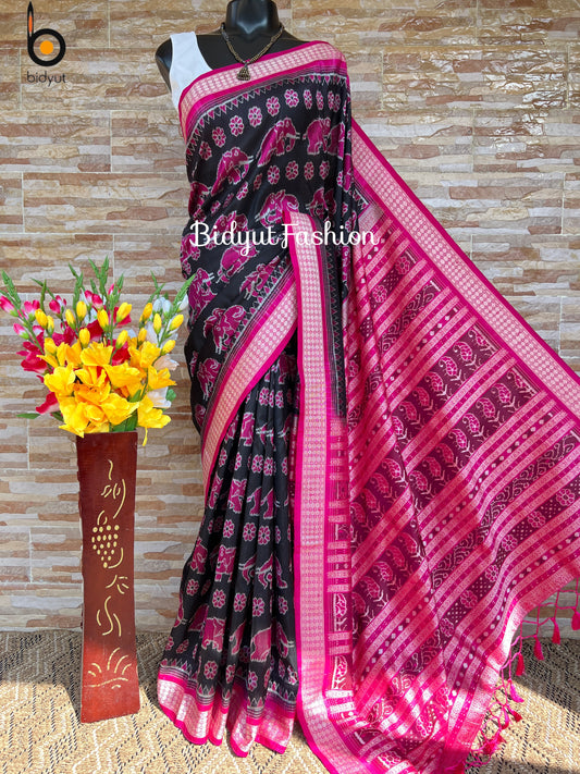 Handlooms of Odisha Sambalpuri Ikat Silk Saree Black & Magenta pink color