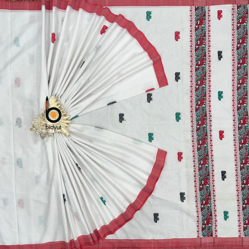 Assam Handloom Cotton Saree - white red sari