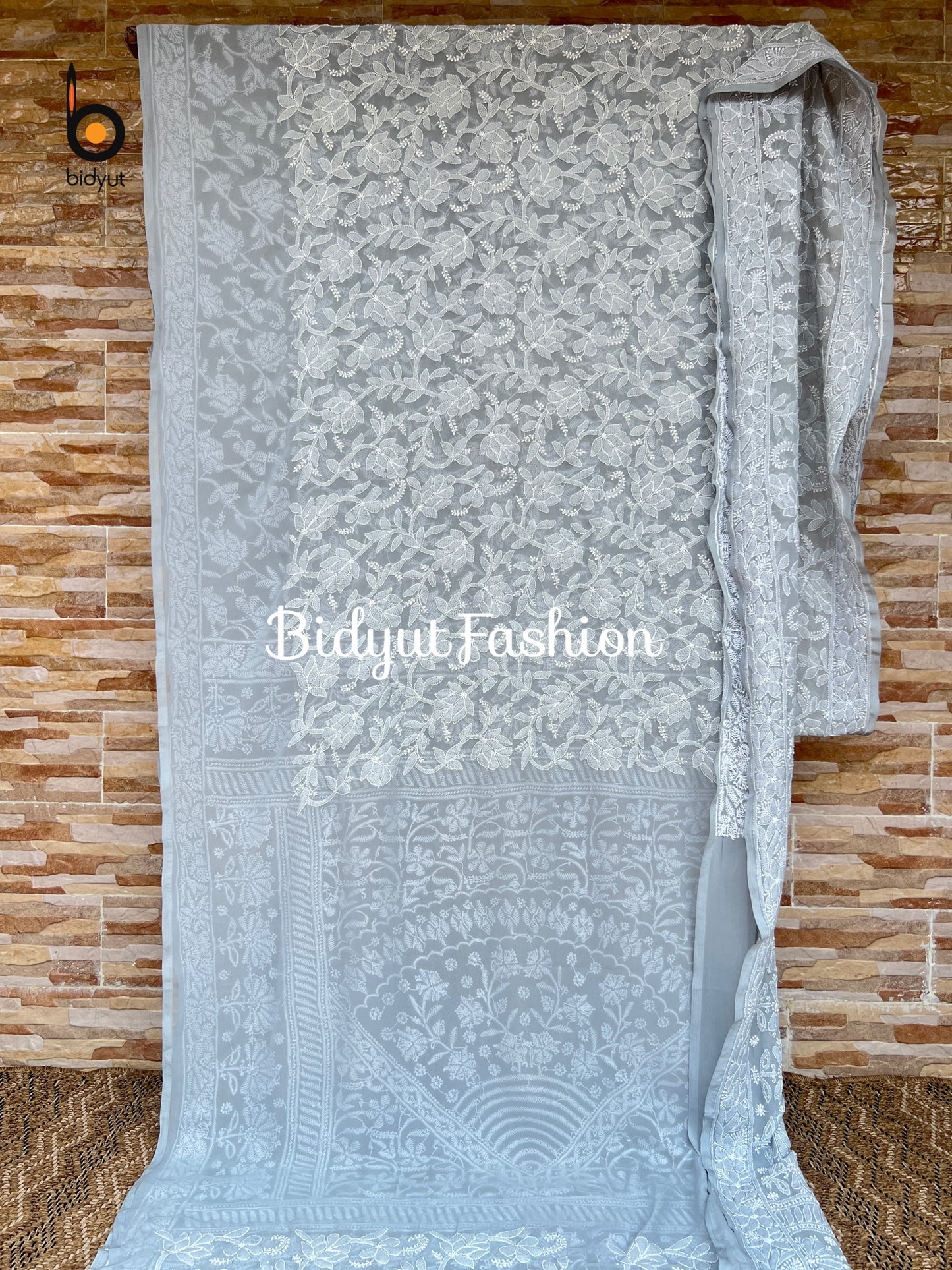 Lucknowi Chikankari all over work hand embroidery georgette Saree grey color