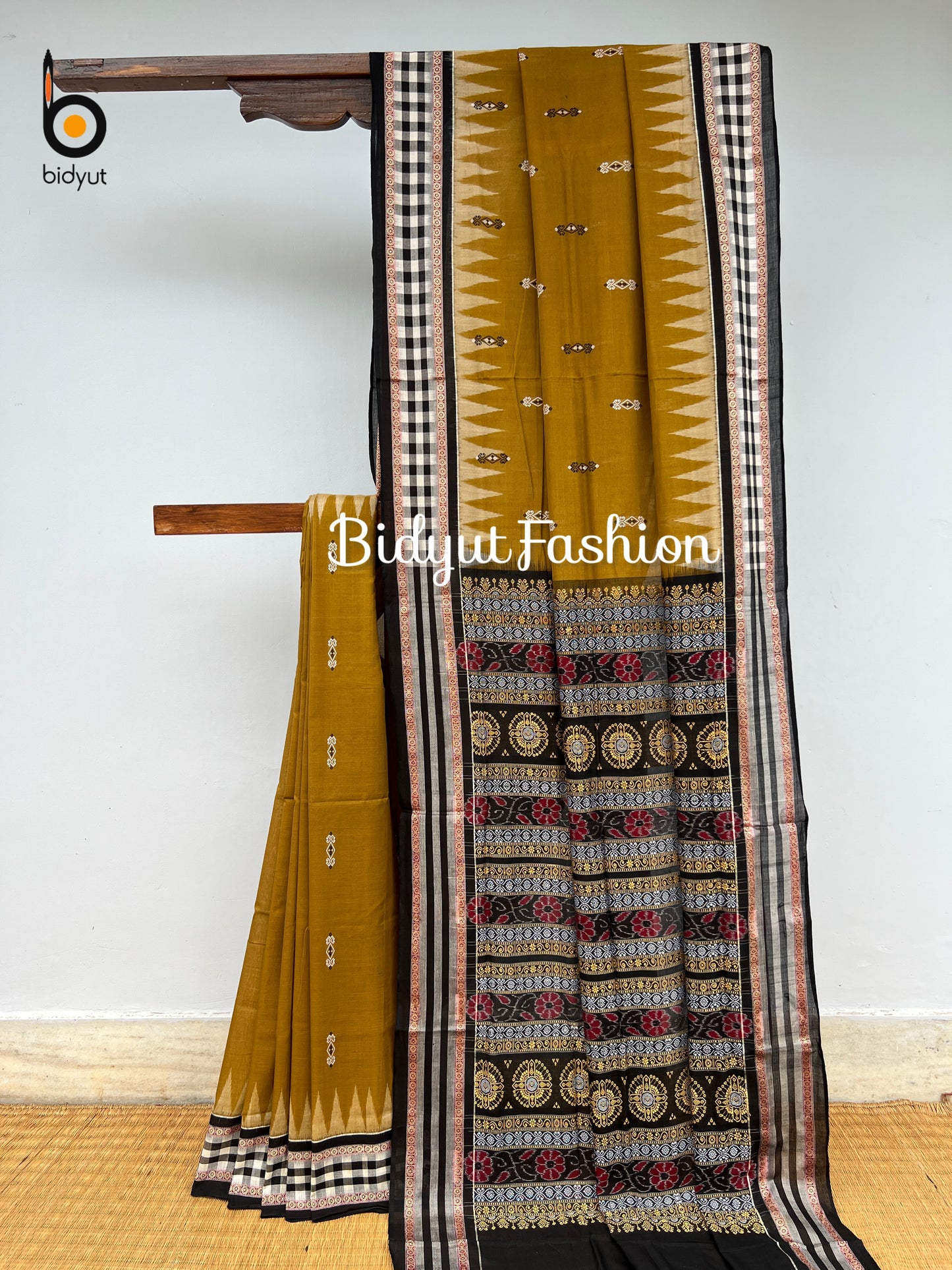 Handlooms of Odisha Sambalpuri Bomkai Cotton Saree Olive green color