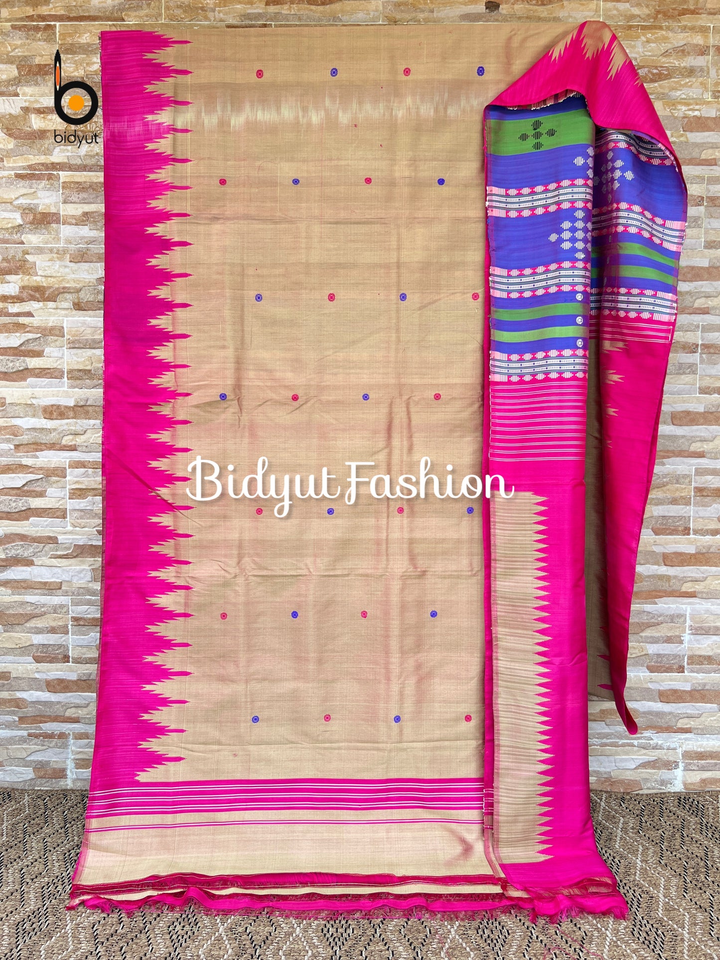 Berhampuri Double Palla Silk Saree — Beige | Odisha Handloom Patta Silk