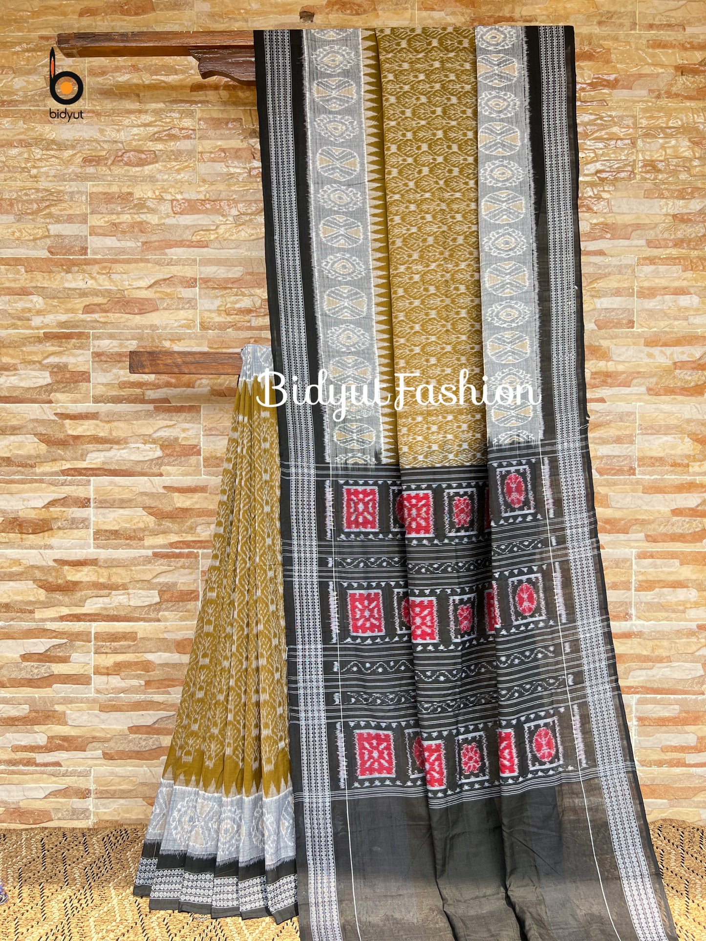 Handlooms of Odisha Sambalpuri Ikat Cotton Saree Olive Green Color