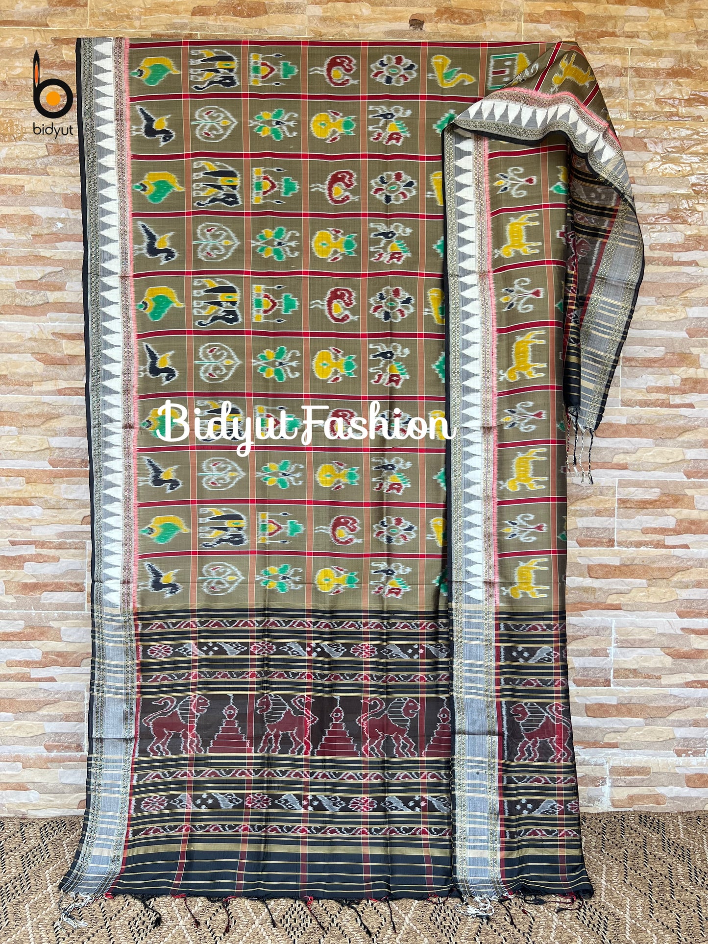 Handlooms of Odisha Nabakothi Ikat Silk Dupatta Olive Green color