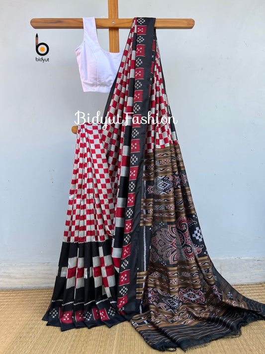 Handlooms of Odisha Nuapatna Khandua Ikat Silk Saree white red Color