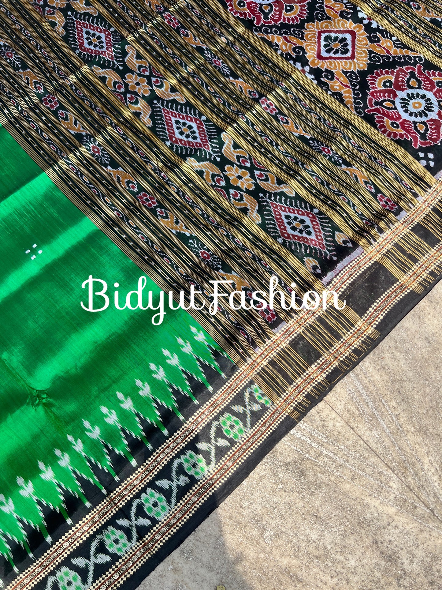 Handlooms of Odisha Nuapatna Khandua Ikat Silk Saree Green color