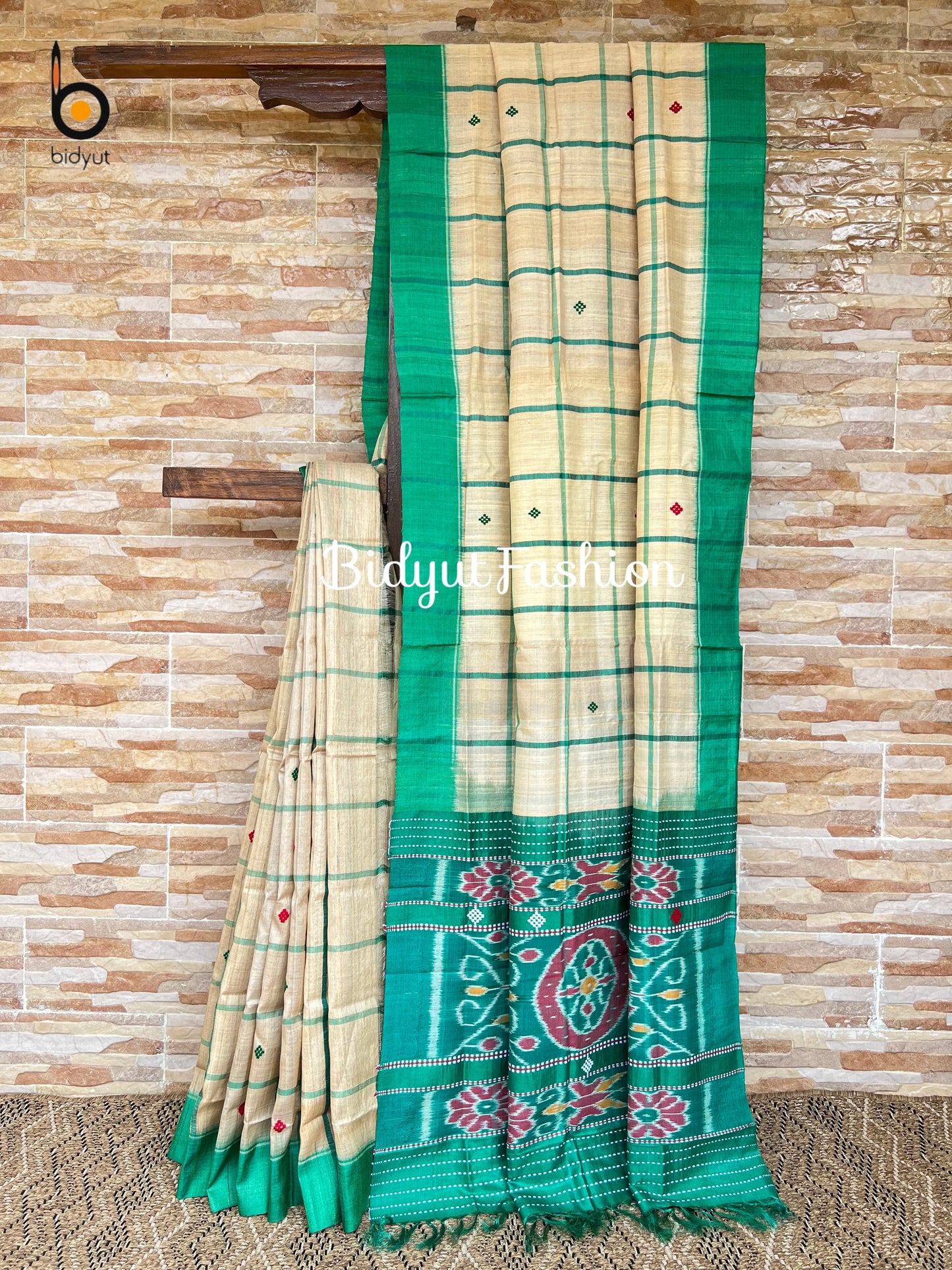 Handlooms of Odisha Santhal Tribal Tussar Silk Sarees Beige Green Color