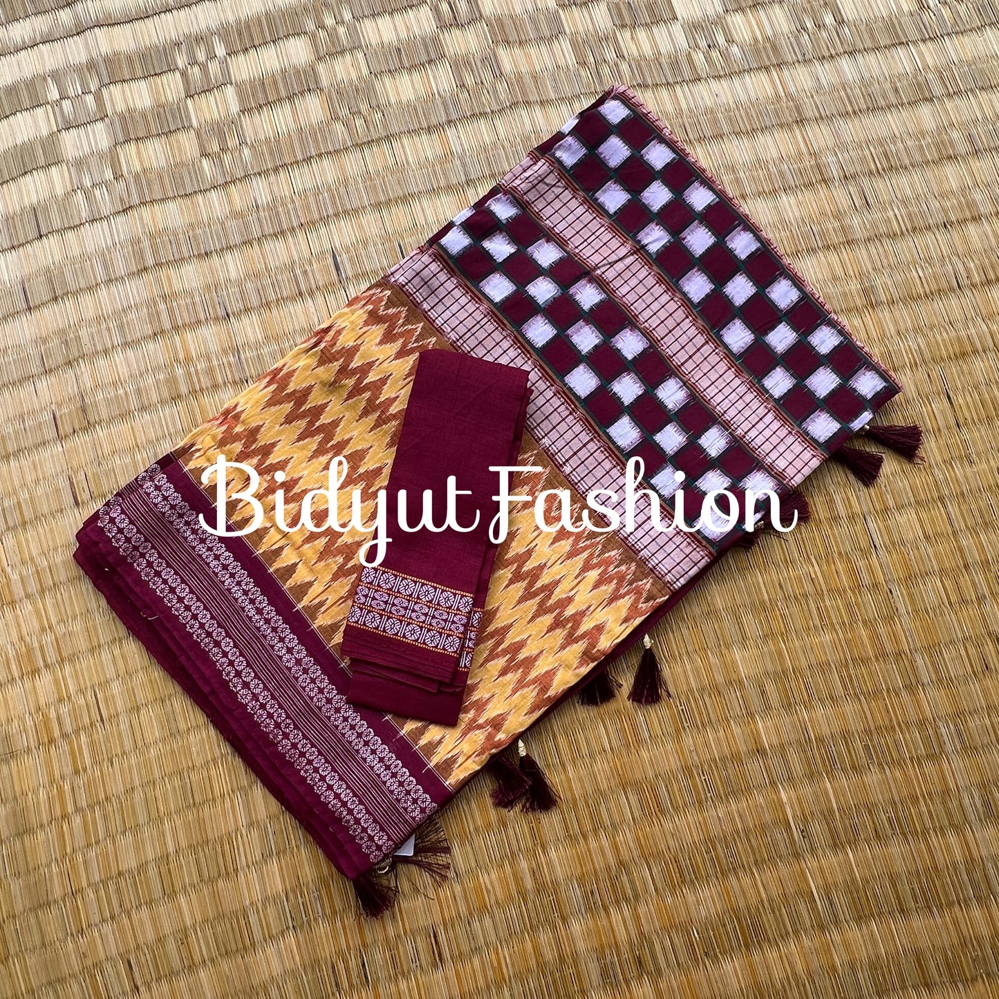Handlooms of Odisha Sambalpuri Double Ikat Passapalli Cotton Saree Yellow Maroon color