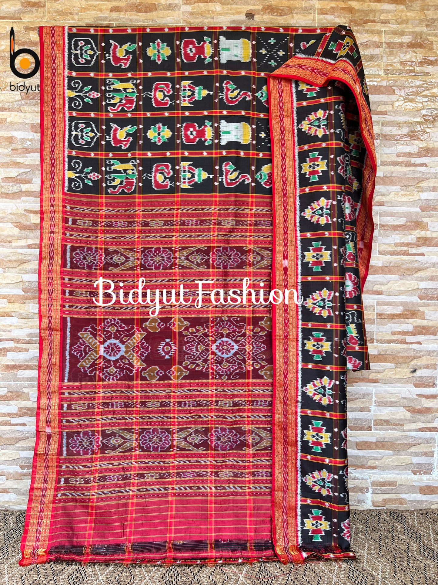 Handlooms of Odisha Nuapatna Khandua Nabakothi Ikat Silk Saree Black color