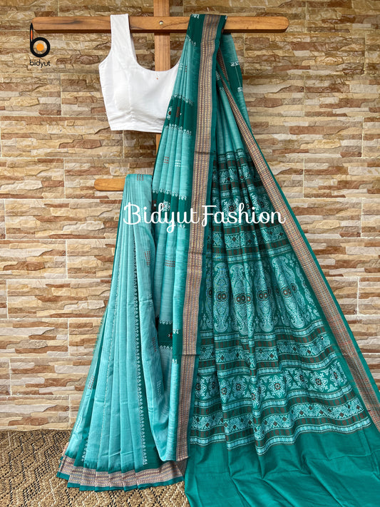 Handlooms of Odisha Sambalpuri Bomkai Cotton Saree blue color