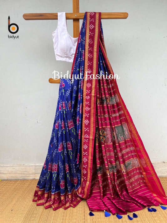 Handlooms of Odisha Nuapatna Lotus motif Ikat Silk Saree Blue color