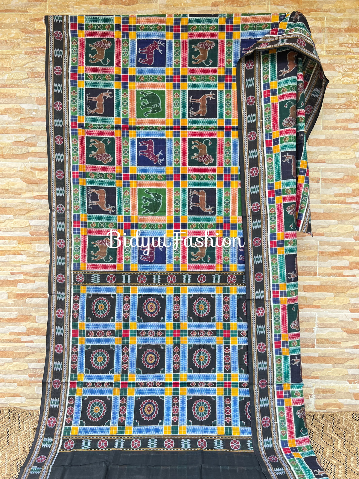 Handlooms of Odisha Sambalpuri Double Ikat Utkal Laxmi Cotton Saree multicolor green animal motif