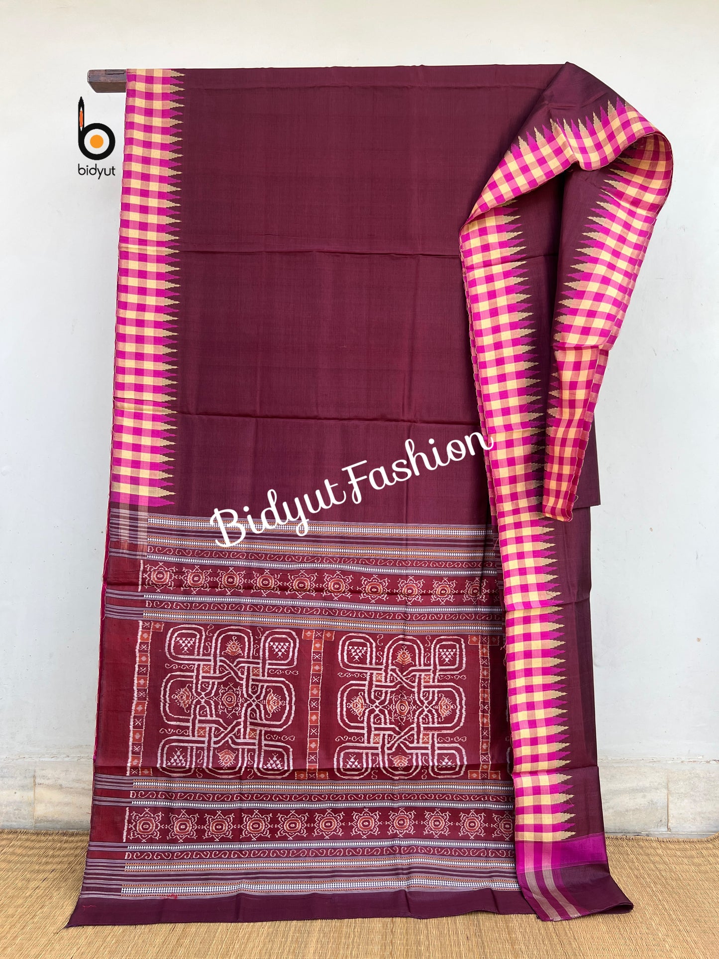 Handlooms of Odisha Sambalpuri Phoda Kumbha Ikat Tussar Silk saree Dark Maroon color
