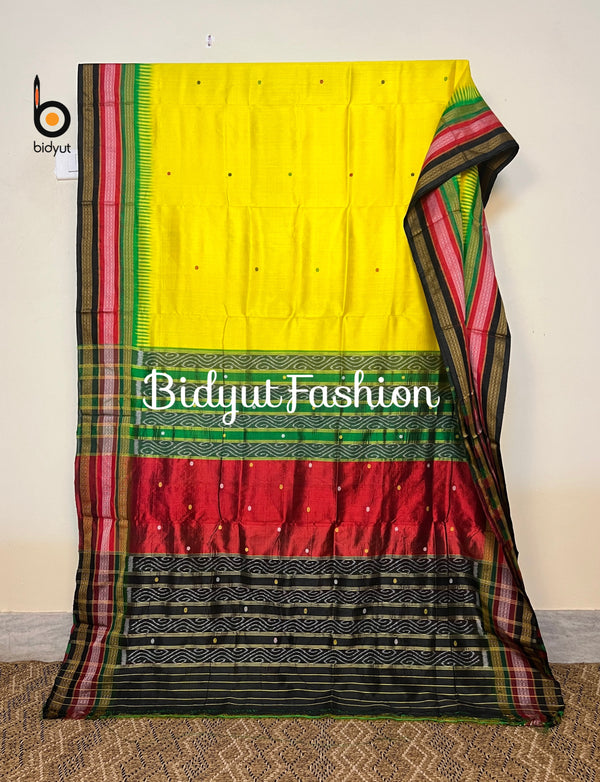 Odisha handloom Kathiphera Khandua Ikat Silk Saree yellow color - Bidyut Fashion