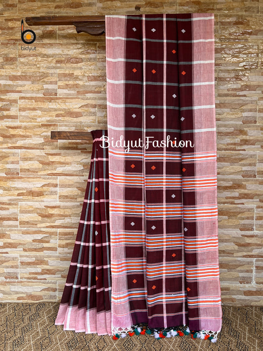 Handlooms of Odisha Santhal Tribal Cotton Sarees Burgundy color