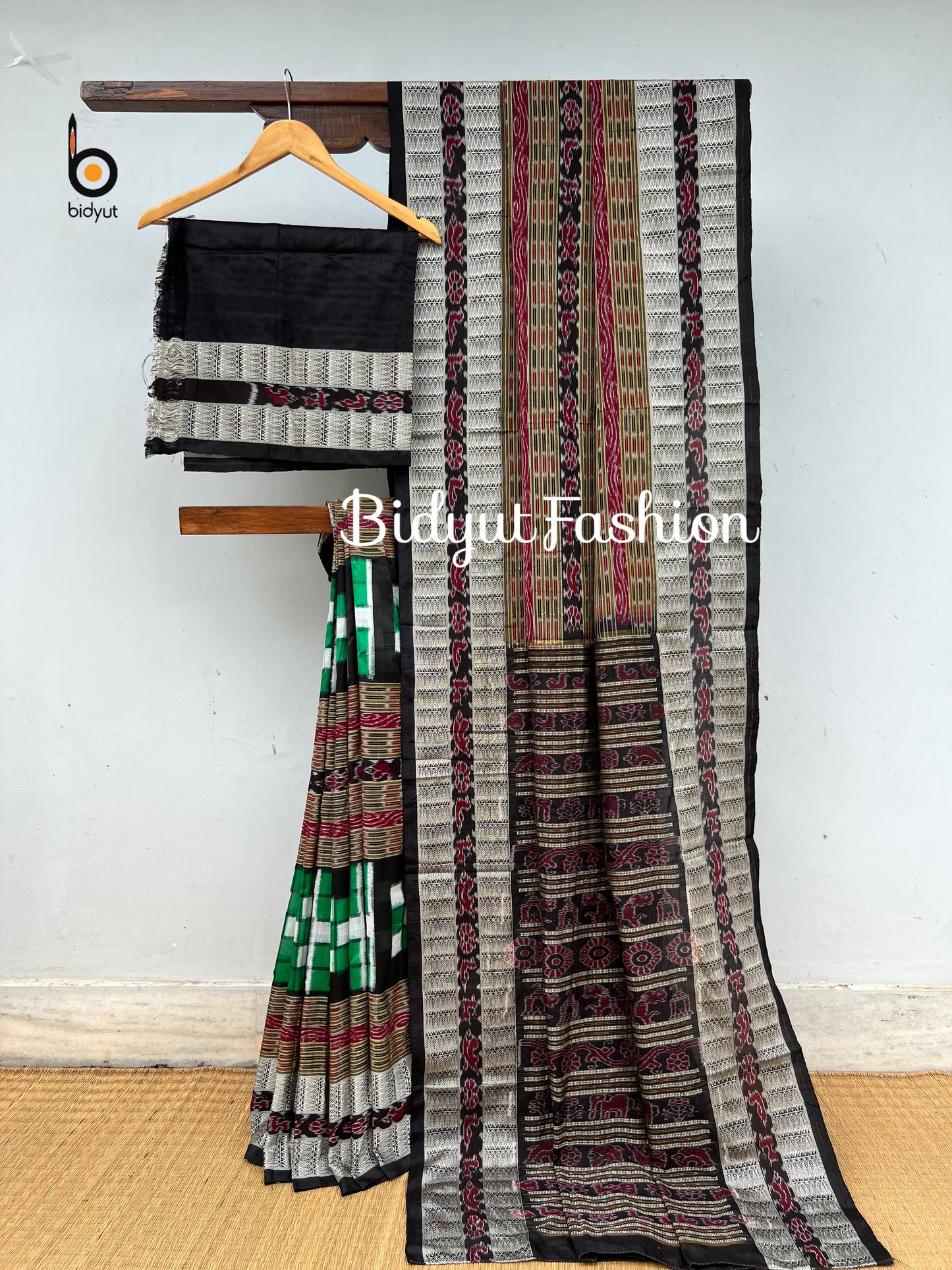 Handlooms of Odisha Sambalpuri Double Ikat Bichitrapuri Silk Saree Green color