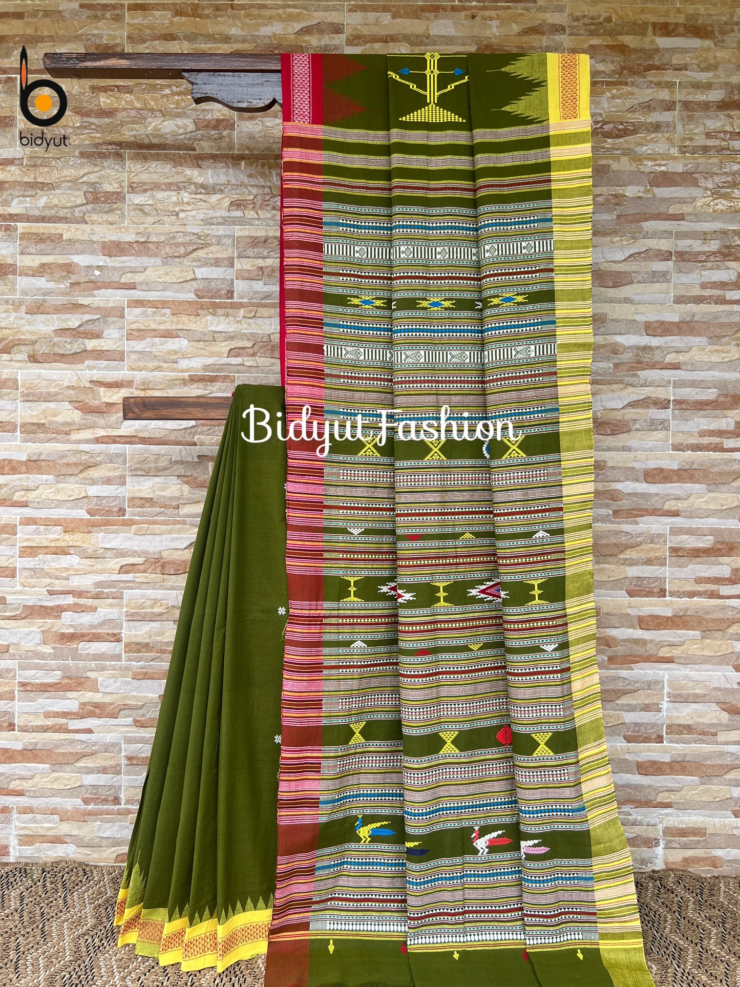 Handlooms of Odisha Ganjam Bomkai Cotton Saree Olive green color