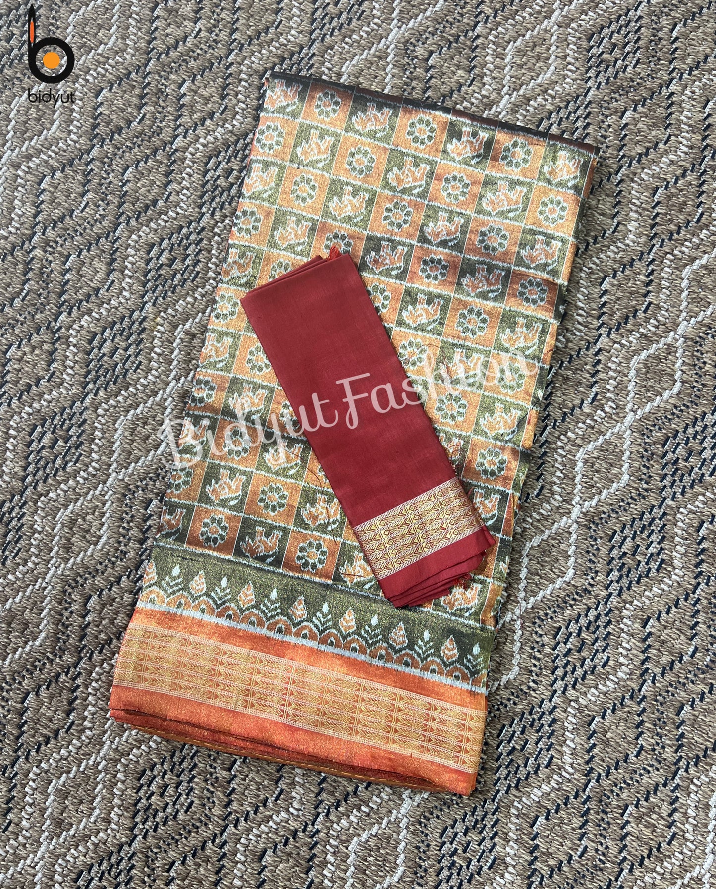 Handlooms of Odisha Sambalpuri Ikat Tissue Silk Saree Olive Green with Rust Orange color