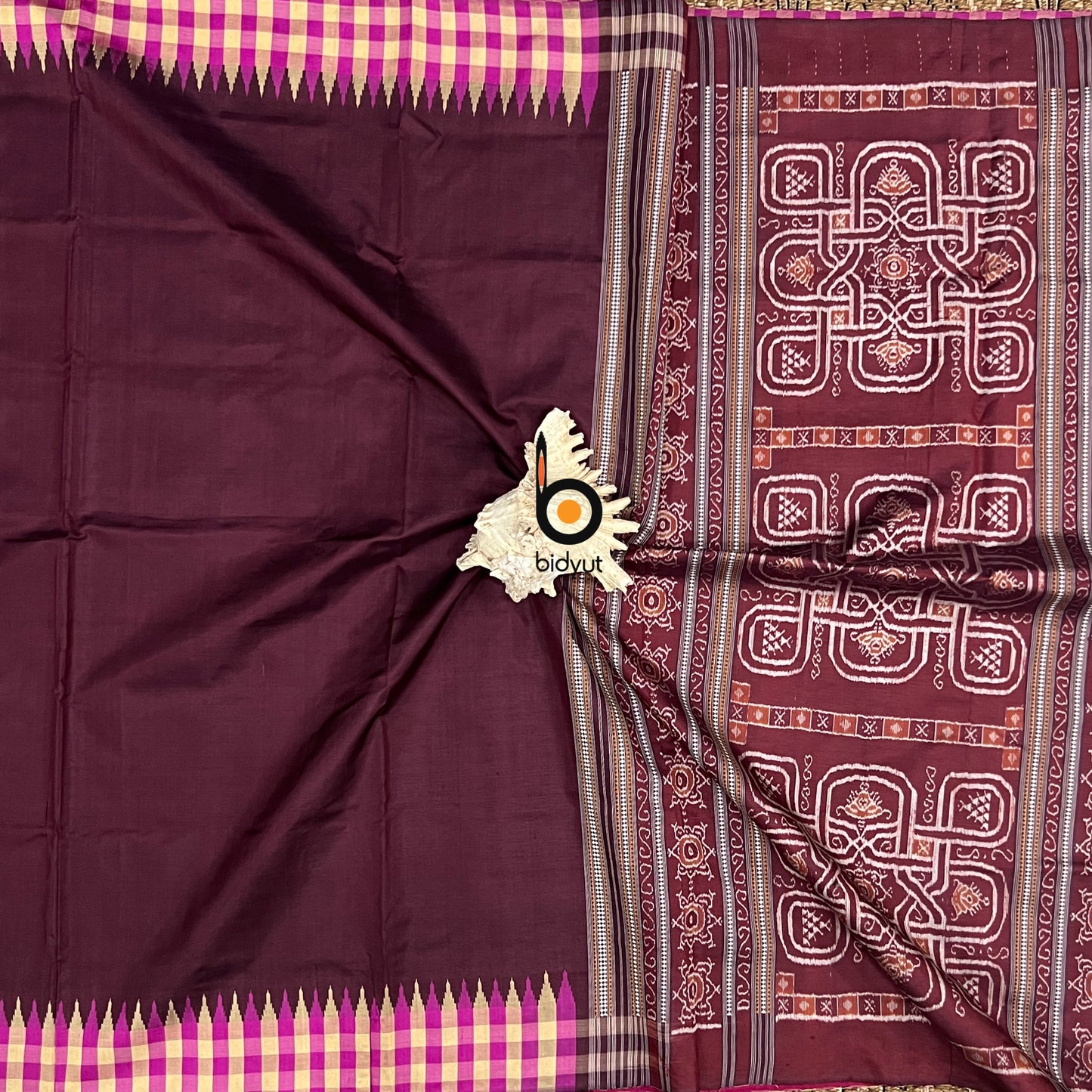 Handlooms of Odisha Sambalpuri Phoda Kumbha Ikat Tussar Silk saree Dark Maroon color