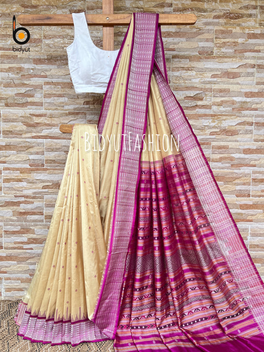 Masterpiece of Odisha handloom Dasphulia Silk Saree beige color | Bomkai with Sambalpuri Ikat