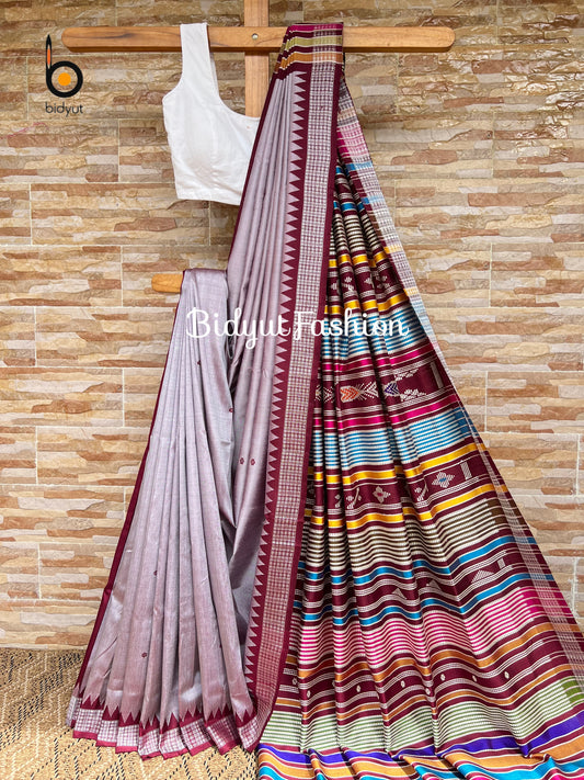 Handlooms of Odisha Berhampuri Double Palla Silk Saree Silver with Wine undertone color