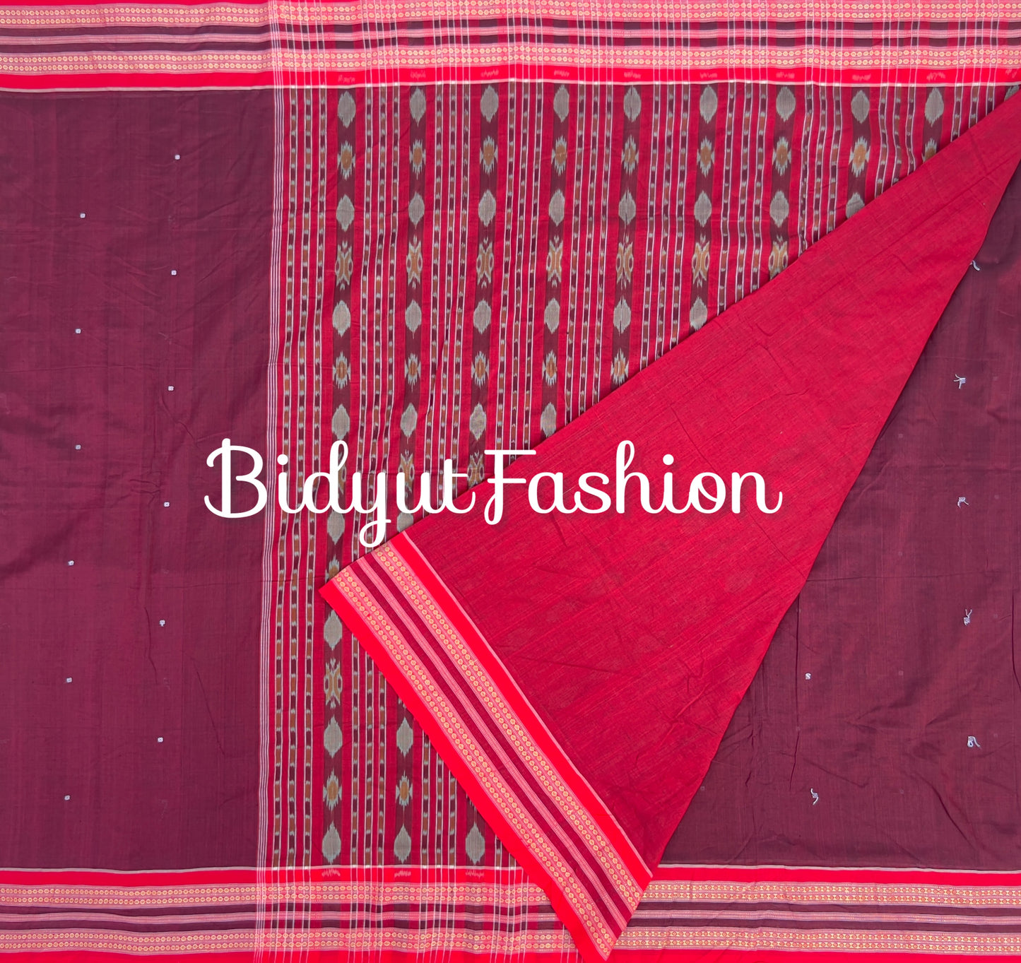 Odisha handloom Sambalpuri Bomkai with Ikat palla Cotton Saree Burgundy color
