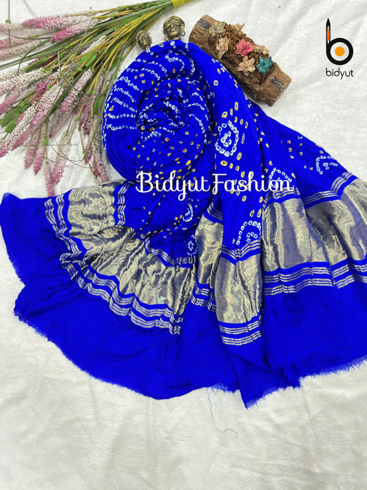 Bandhani Hand-Knotted Pure Gaji Silk Dupatta Blue Color