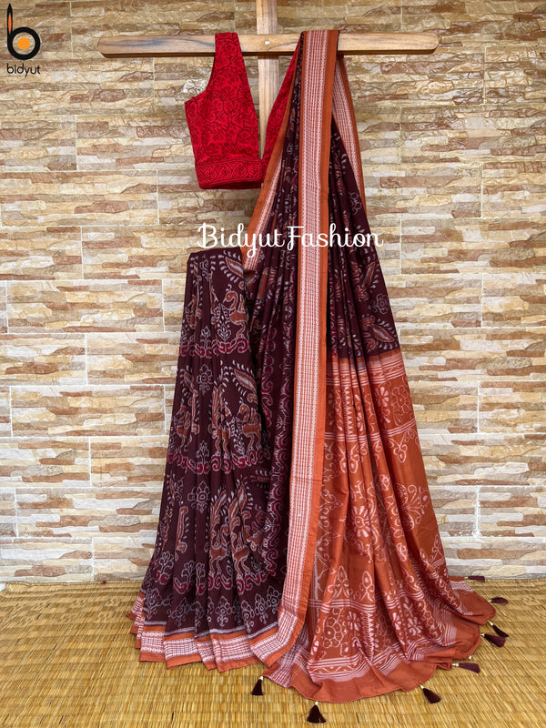 Odisha handloom maroon color Sambalpuri Ikat Cotton Saree