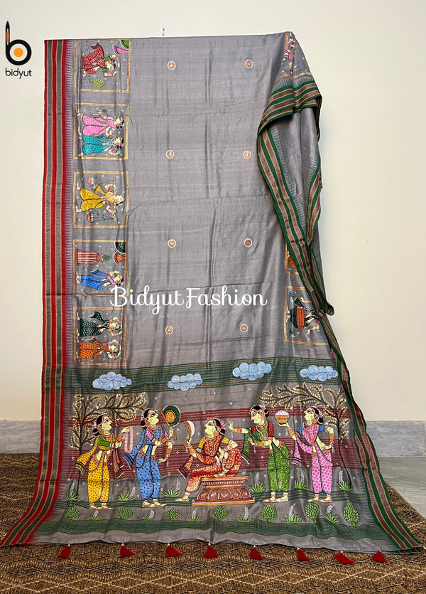 Odisha Pattachitra Handpainting on Vidharbha Tussar Silk Saree - Bidyut Fashion