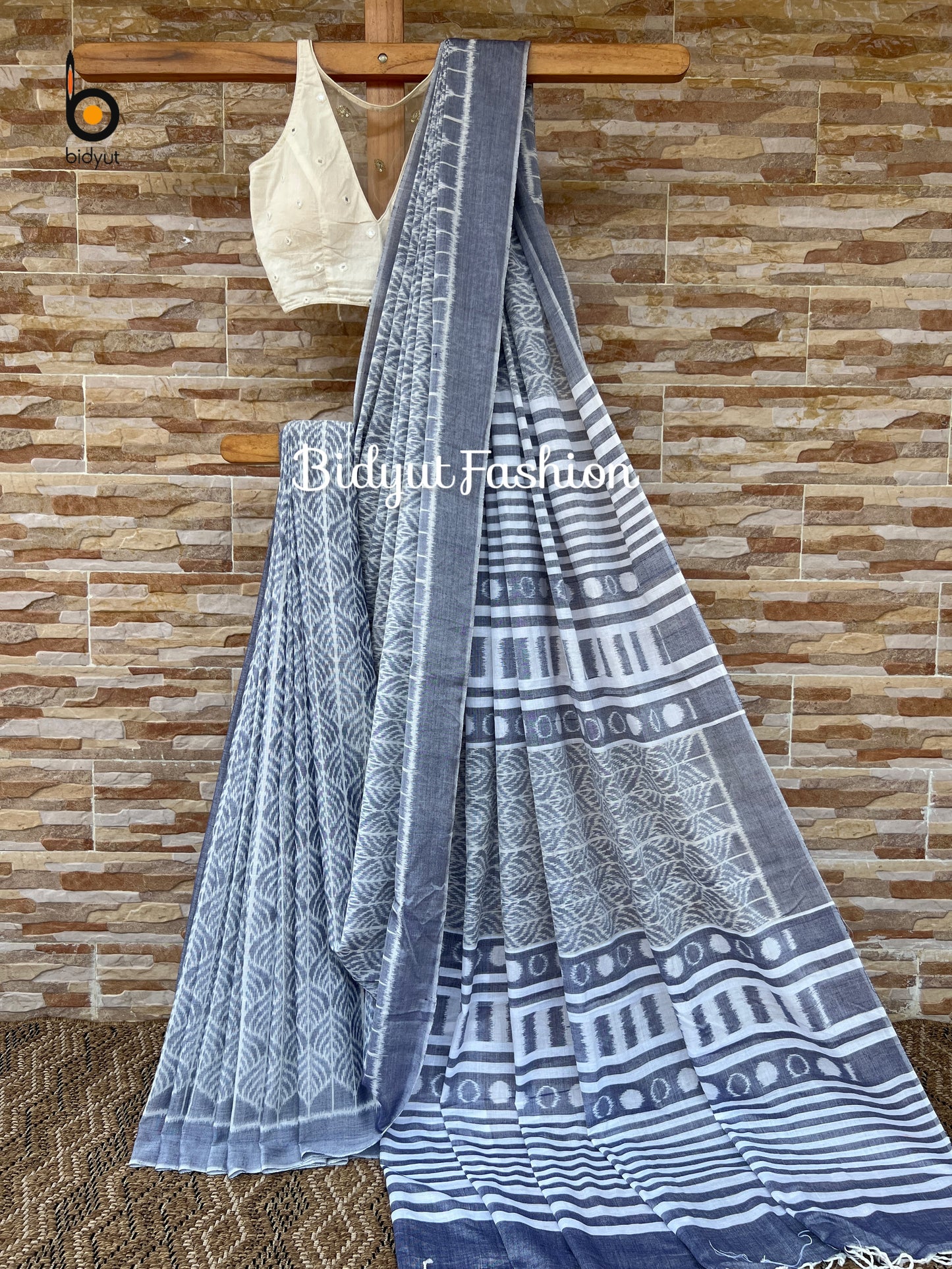 Nuapatna Ikat Saree in 100% Birla Excel Lyocell | Muted Gray & White | Odisha Handloom