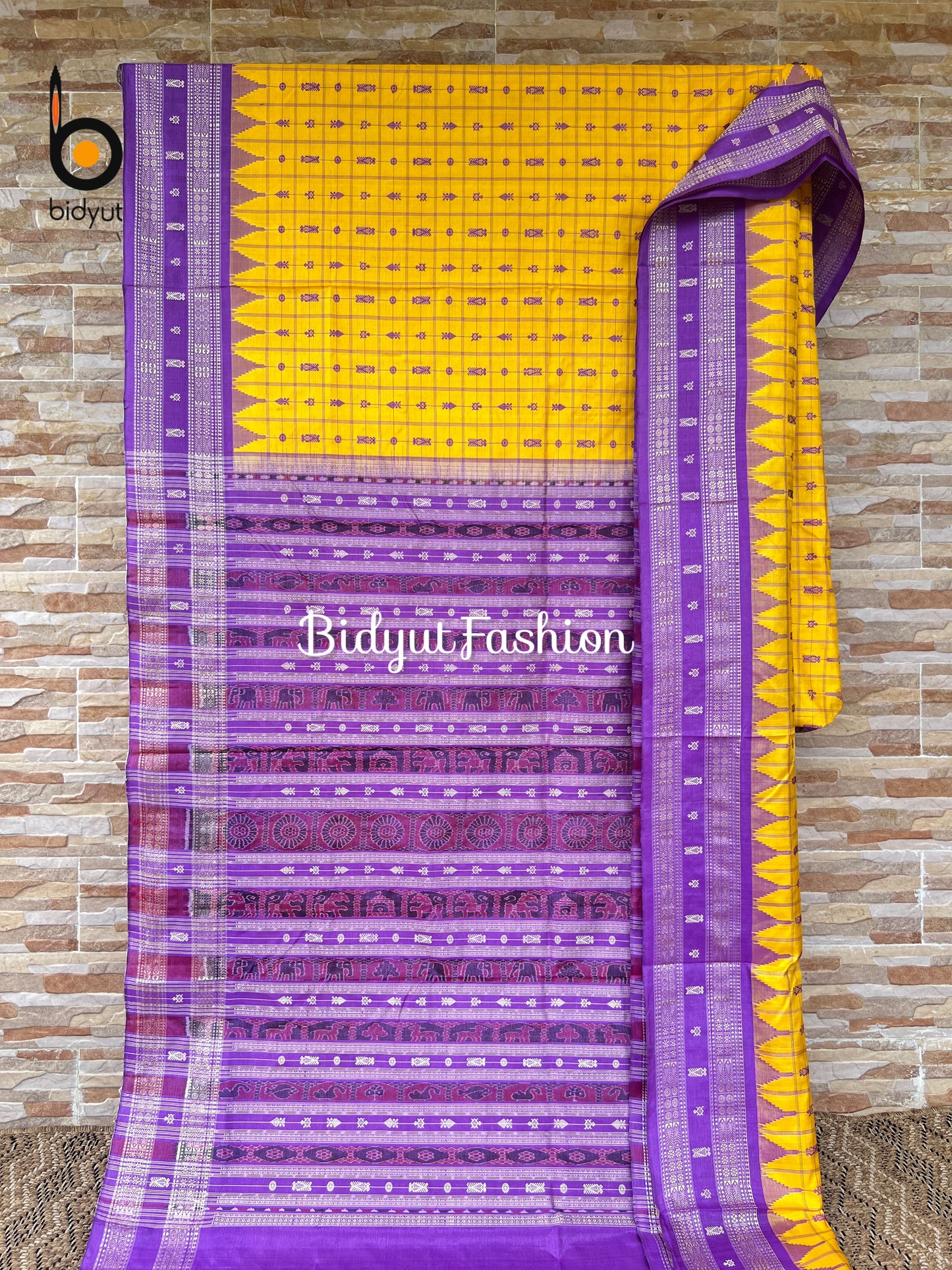Royal Purple & Marigold Yellow Hazar Buti Silk Saree | Handwoven Odisha Sambalpuri Ikat Saree
