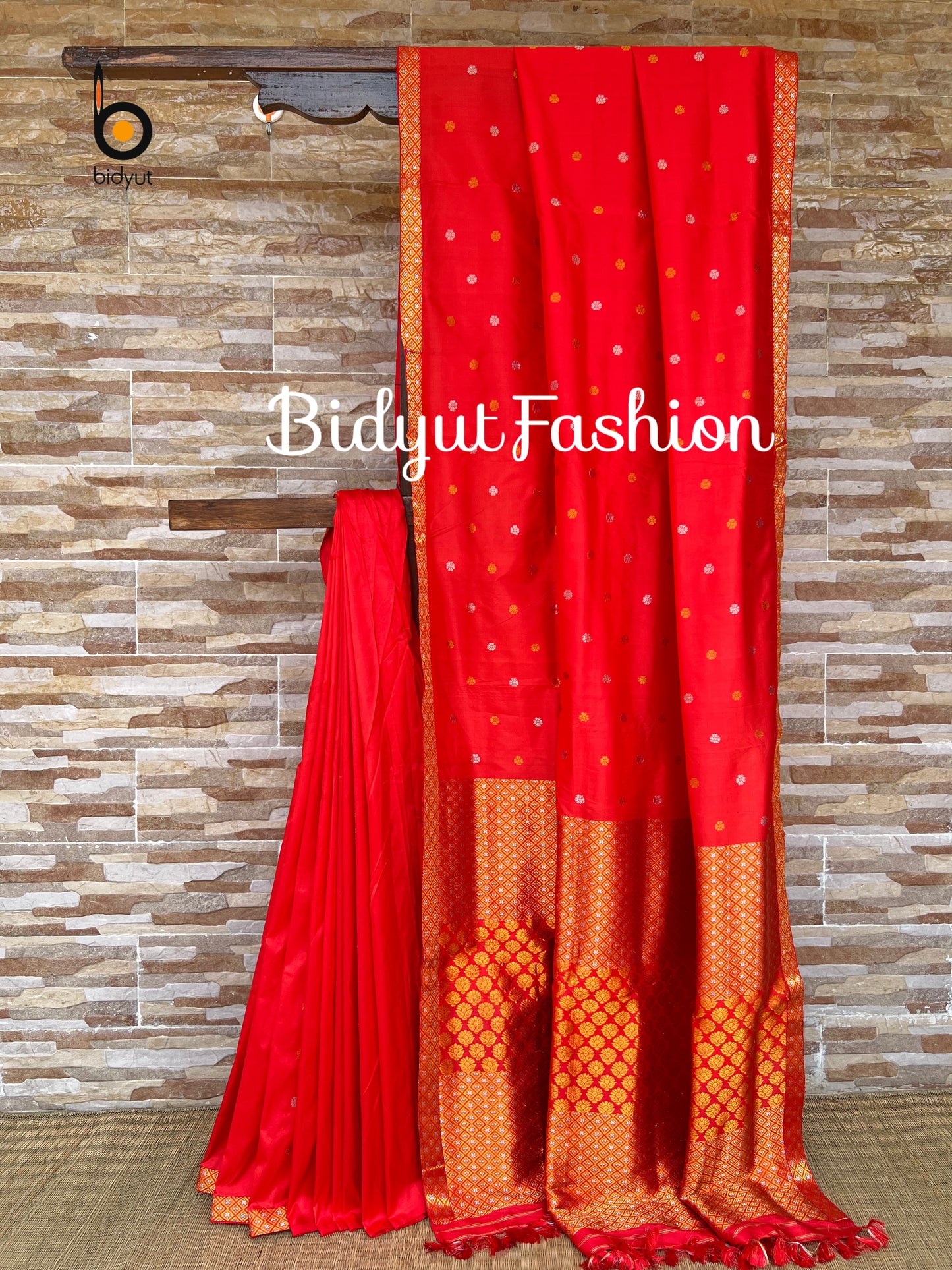 Handlooms of Assam Paat Silk Saree - Vermilion Red Color