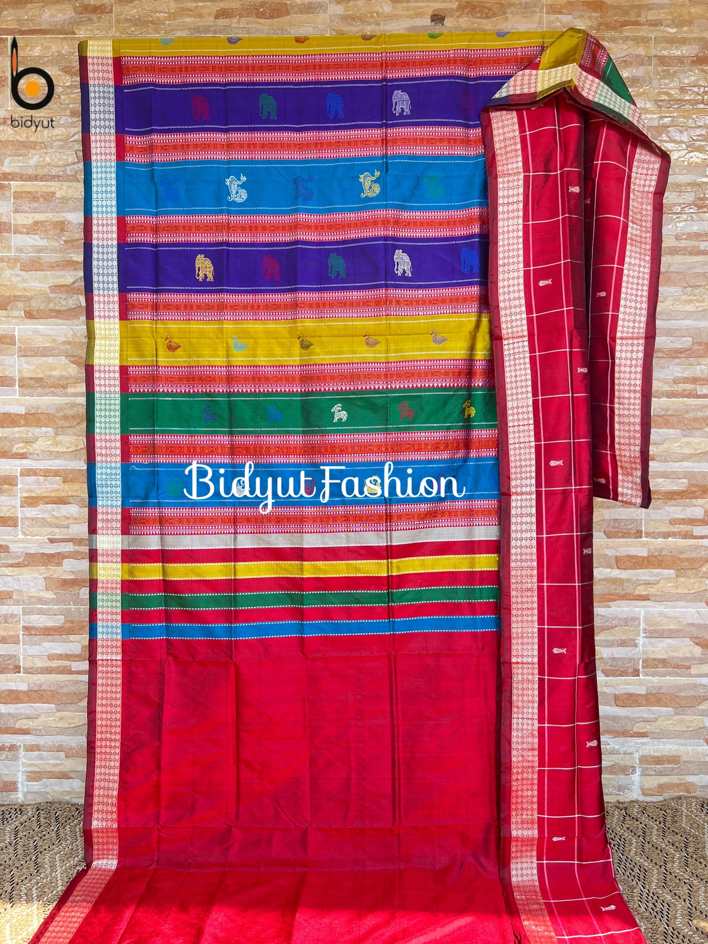 Handlooms of Odisha Berhampuri Double Palla Silk Saree Red Check