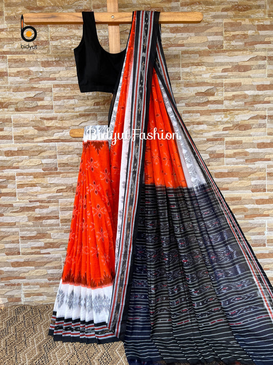 Odisha handloom Maniabandha Nuapatna Khandua Ikat Cotton Saree Orange Color