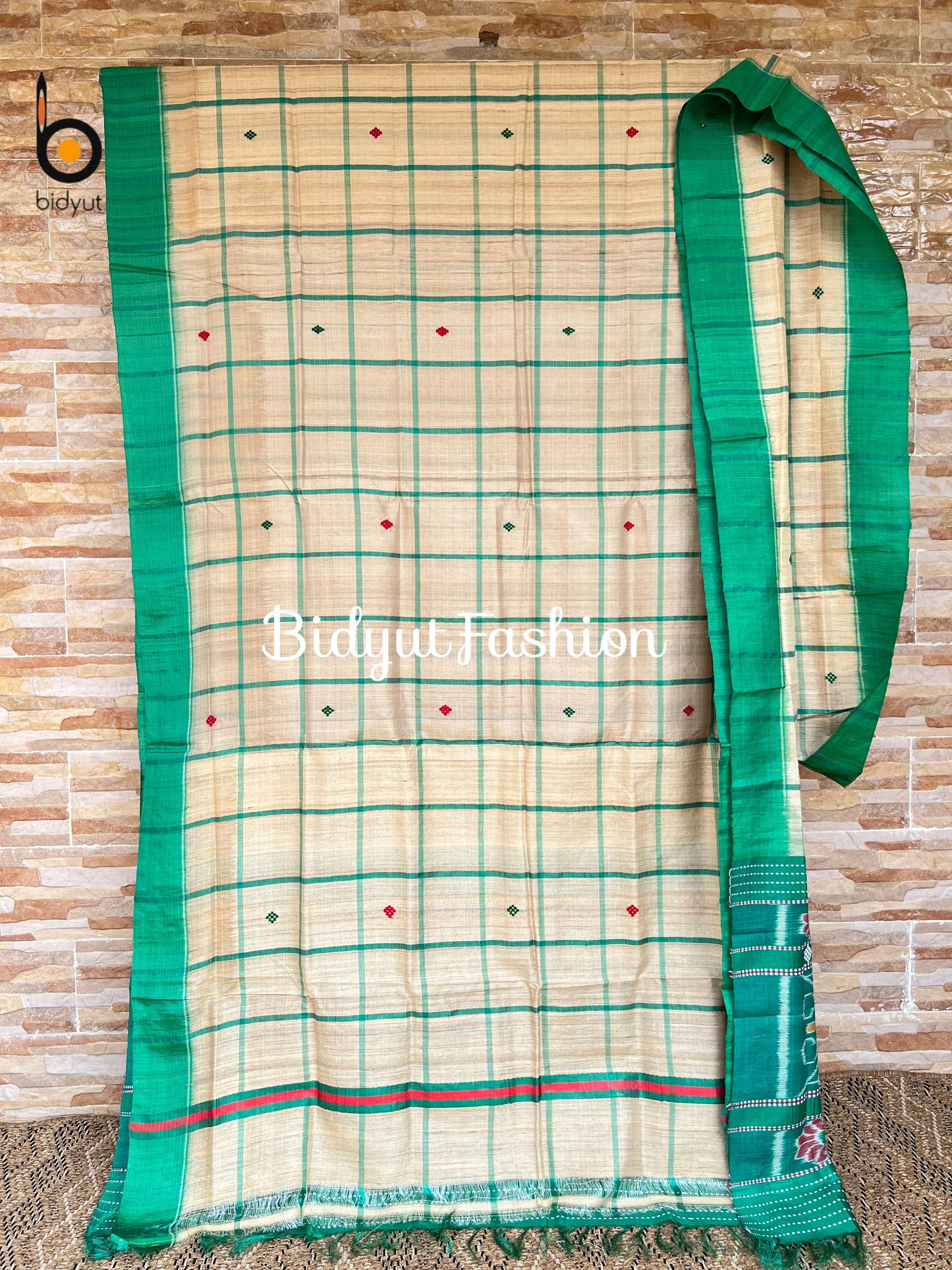 Handlooms of Odisha Santhal Tribal Tussar Silk Sarees Beige Green Color