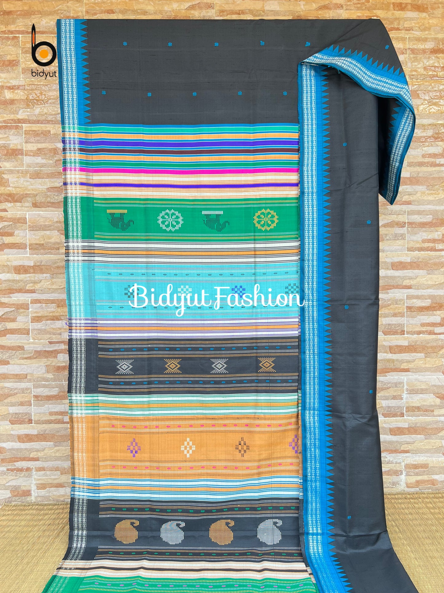 Berhampuri Double Palla Silk Saree Black | Odisha Handloom Patta Silk