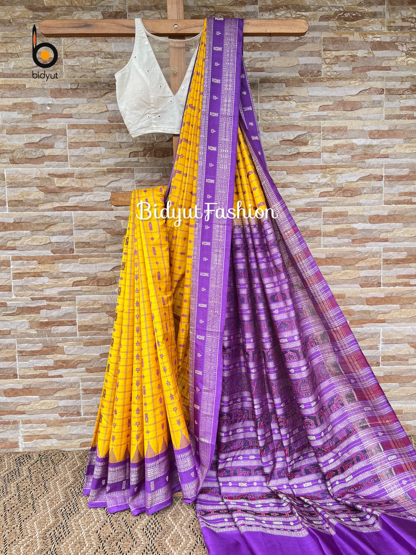 Royal Purple & Marigold Yellow Hazar Buti Silk Saree | Handwoven Odisha Sambalpuri Ikat Saree