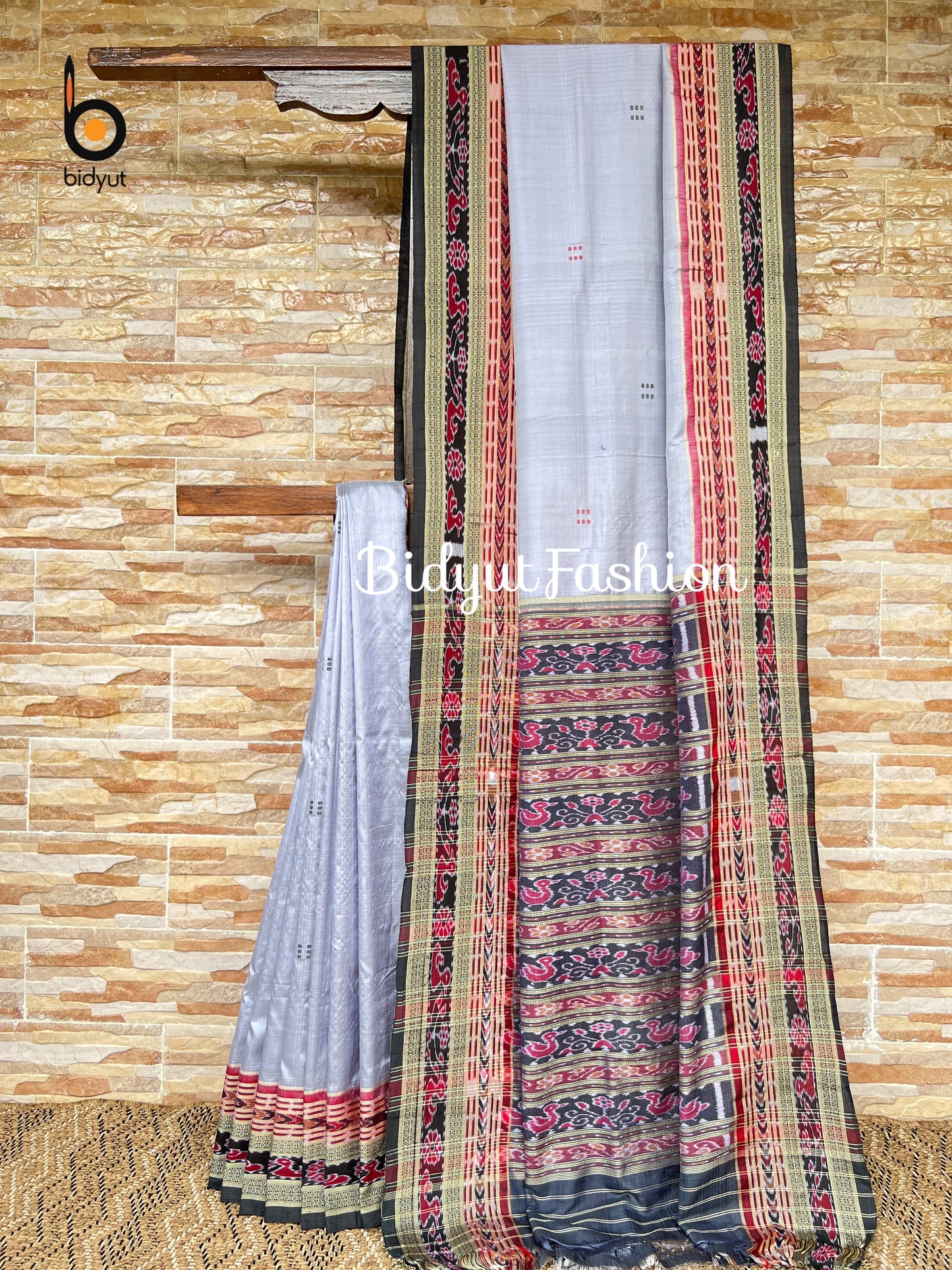 Handlooms of Odisha Nuapatna Khandua Ikat Silk Saree grey color