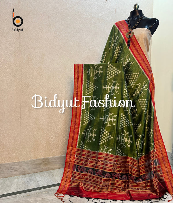 Green Ikat Silk Dupatta | Odisha Handloom | tribal motif - Bidyut Fashion