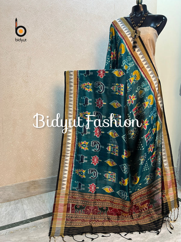 Green Nabakothi Ikat Silk Dupatta | Odisha Handloom - Bidyut Fashion