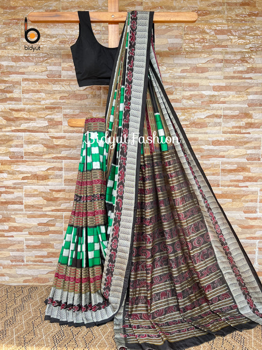 Handlooms of Odisha Sambalpuri Double Ikat Bichitrapuri Silk Saree Green color