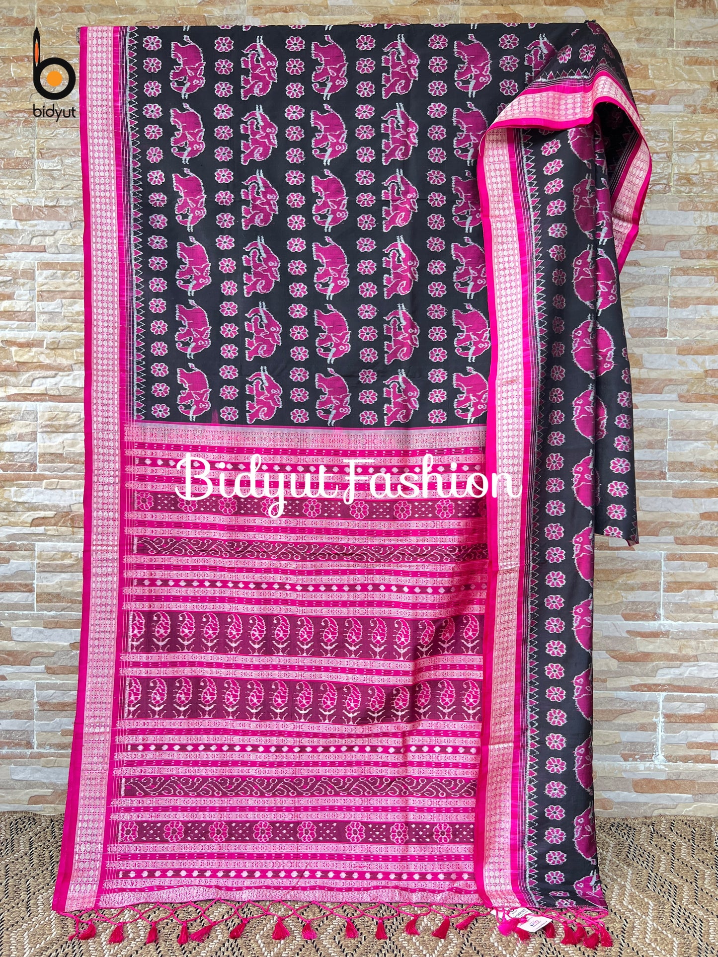 Handlooms of Odisha Sambalpuri Ikat Silk Saree Black & Magenta pink color