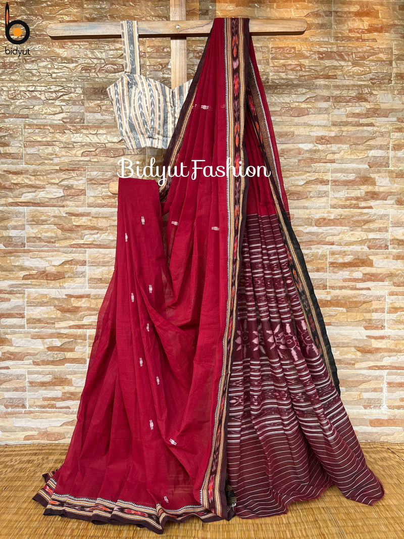 Exquisite Odisha Handloom Maroon color Suta Luga Ikat Cotton Saree - Unveiling the Artistry of Traditional Weaving - Bidyut Fashion