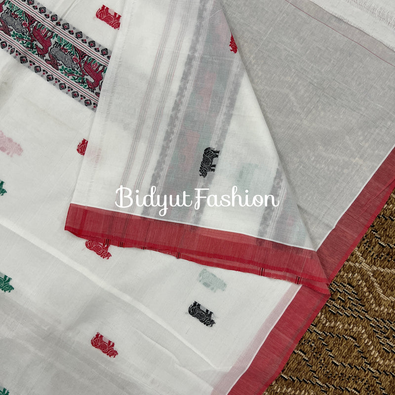 Assam Handloom Cotton Saree - white red sari - Bidyut Fashion