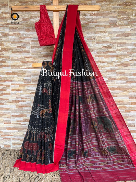 Handlooms of Odisha Sambalpuri Ikat Wild Tapestry Vana Chitta Aranya motif cotton saree Black color