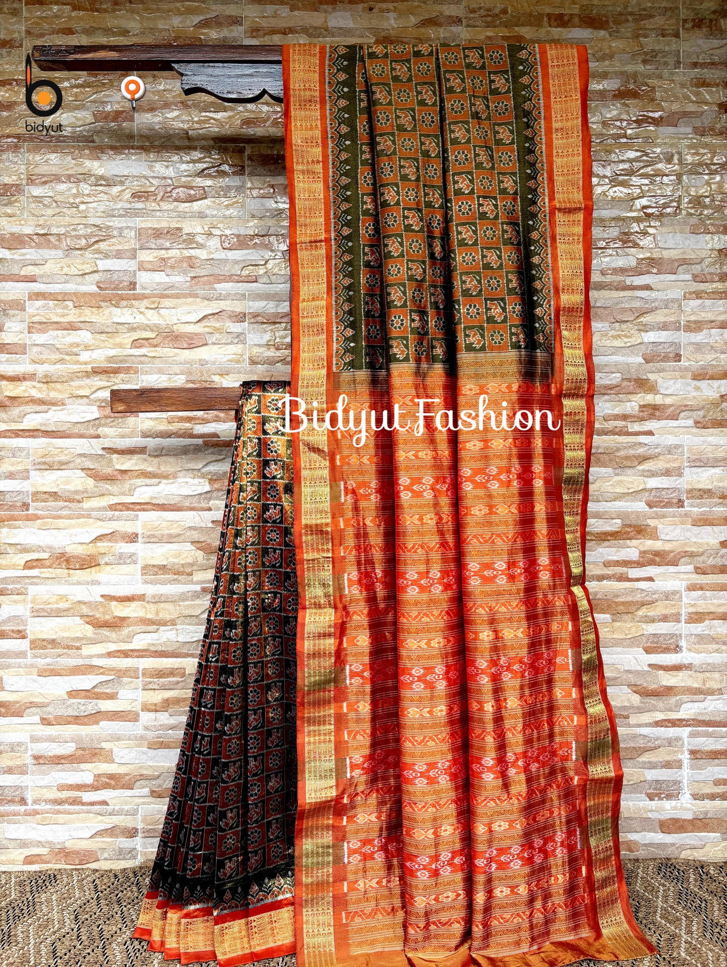 Handlooms of Odisha Sambalpuri Ikat Tissue Silk Saree Olive Green with Rust Orange color