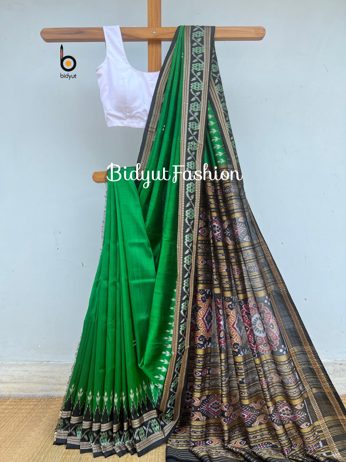 Handlooms of Odisha Nuapatna Khandua Ikat Silk Saree Green color