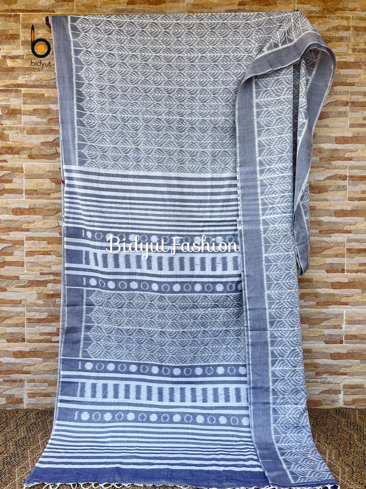 Nuapatna Ikat Saree in 100% Birla Excel Lyocell | Muted Gray & White | Odisha Handloom